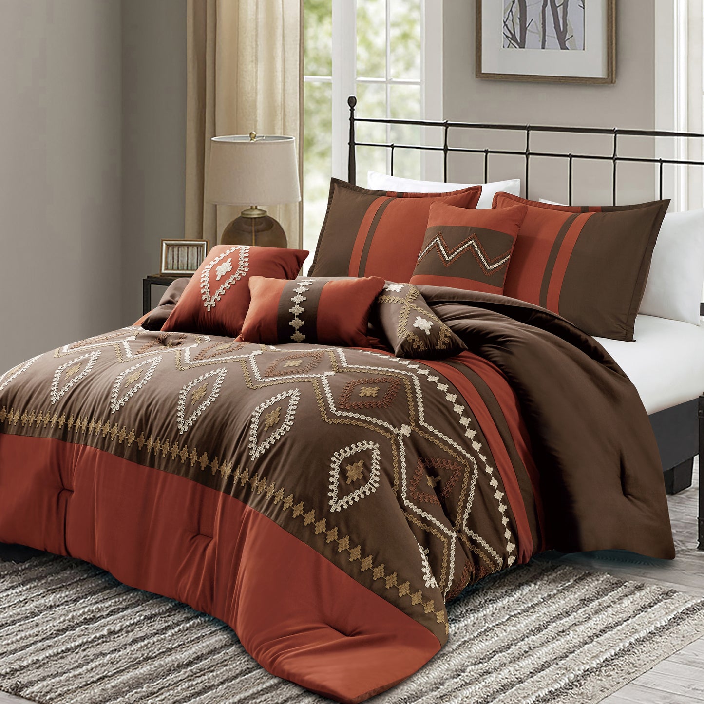 Brick and Brown Comforter Set Queen Size Chiriga 7-Pieces Terracotta Bedding