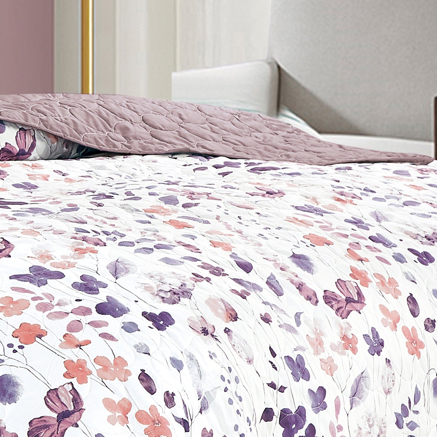 King Size Quilt Set 3-Piece Floral Purple Bedspread Set