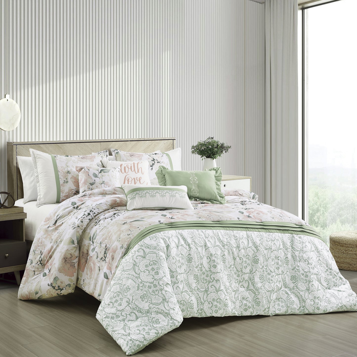 Floral Geen Comforter Set Queen Size - 7-Pieces Elian Floral Bedding