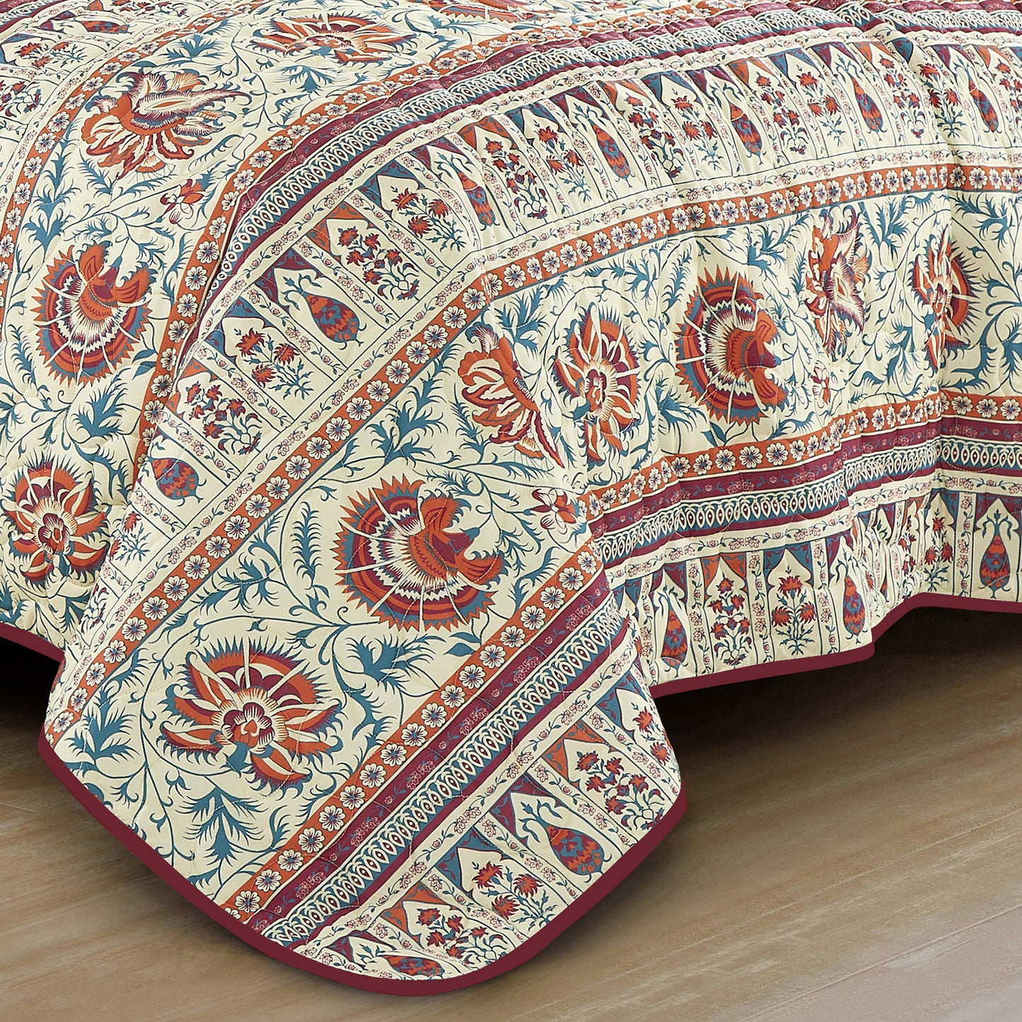 King Size Quilt Set 3-Piece Floral Burgundy Bedspread Set