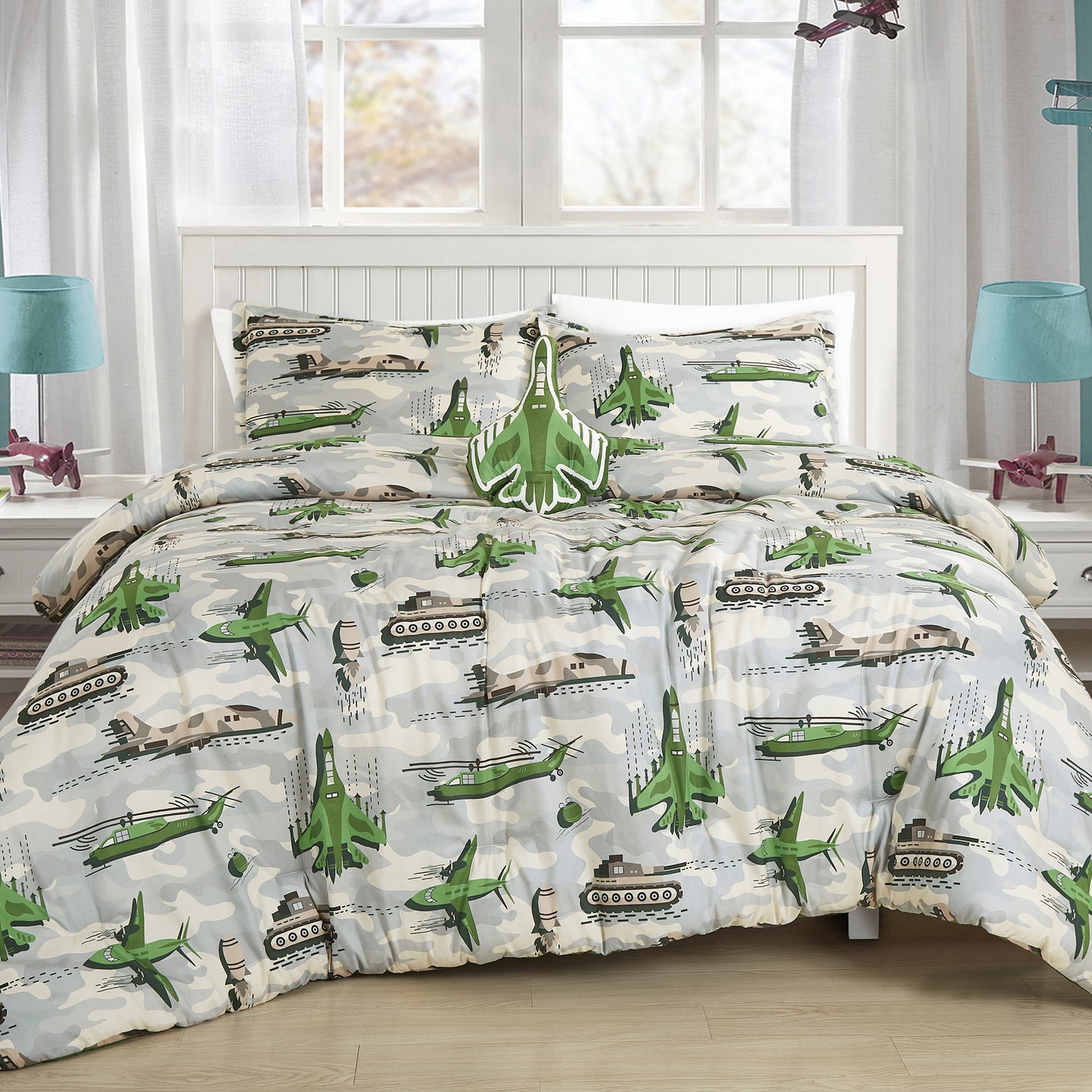 US Army Military Kids Comforter Set Full / Queen Size Green Comforter Set with Fighter Jet Toy Throw Pillow - For Boys Girls