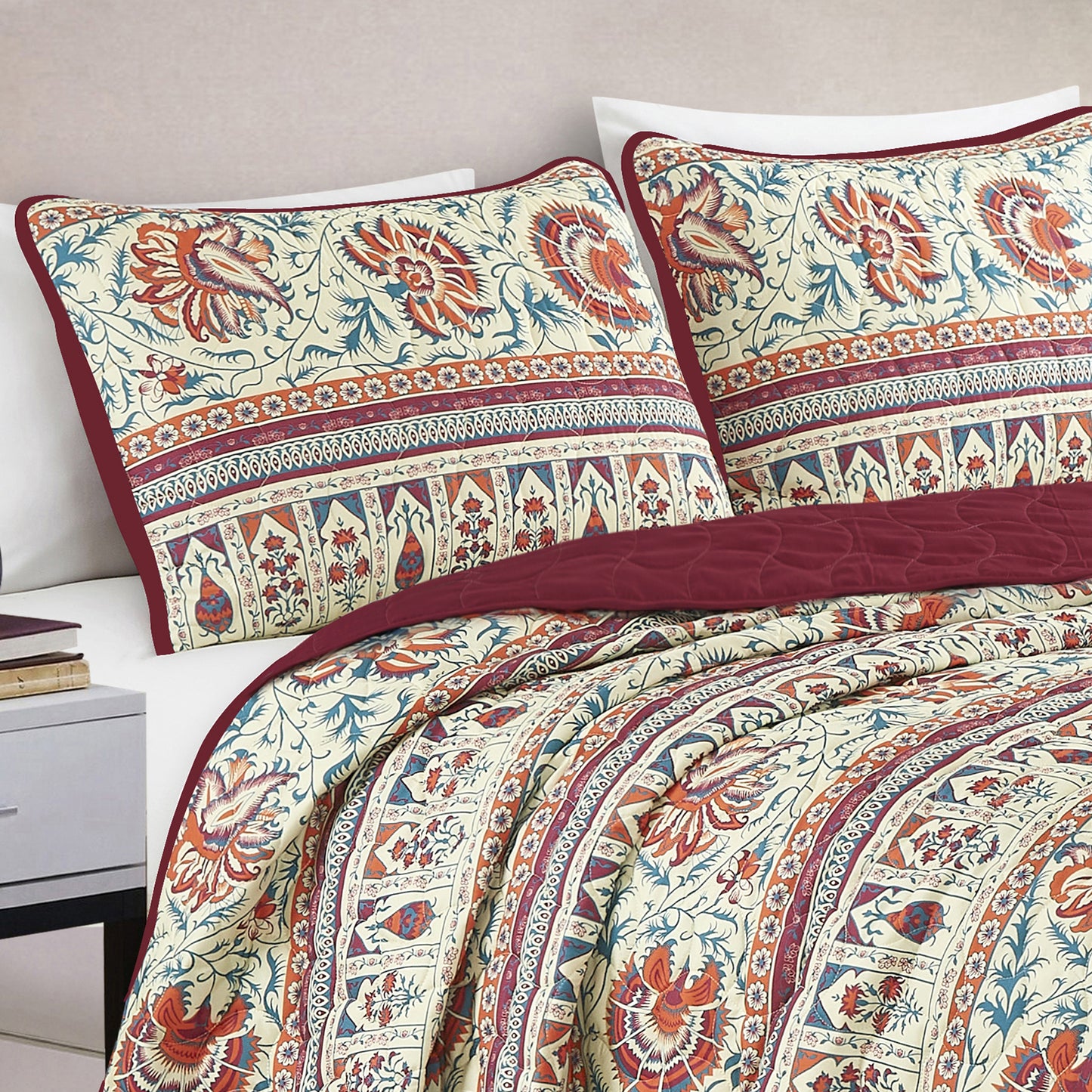 King Size Quilt Set 3-Piece Floral Burgundy Bedspread Set