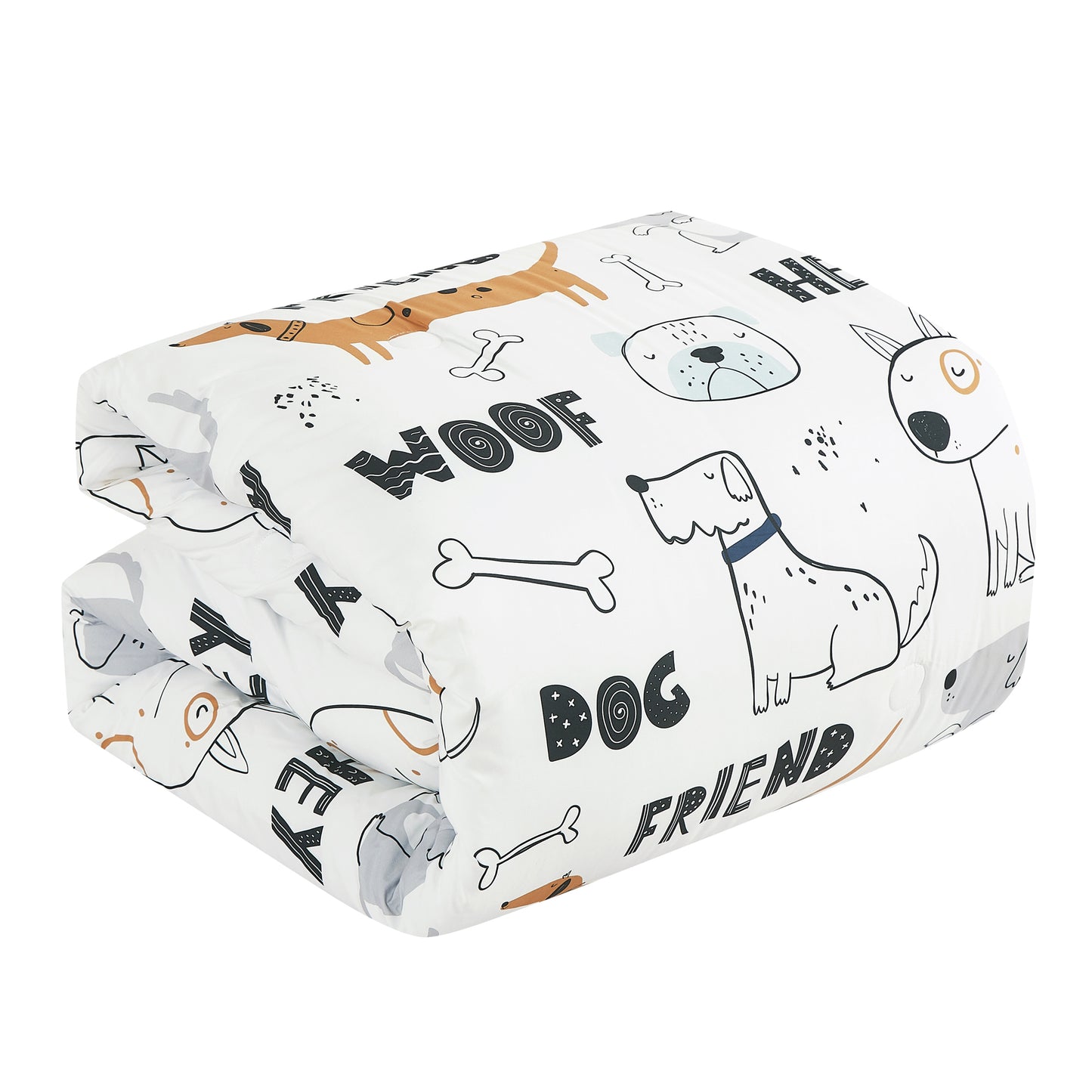 Woof Friends Kids Comforter Set Twin Size Kids White Comforter Set with Dog Toy Throw Pillow - For Boys and Girls