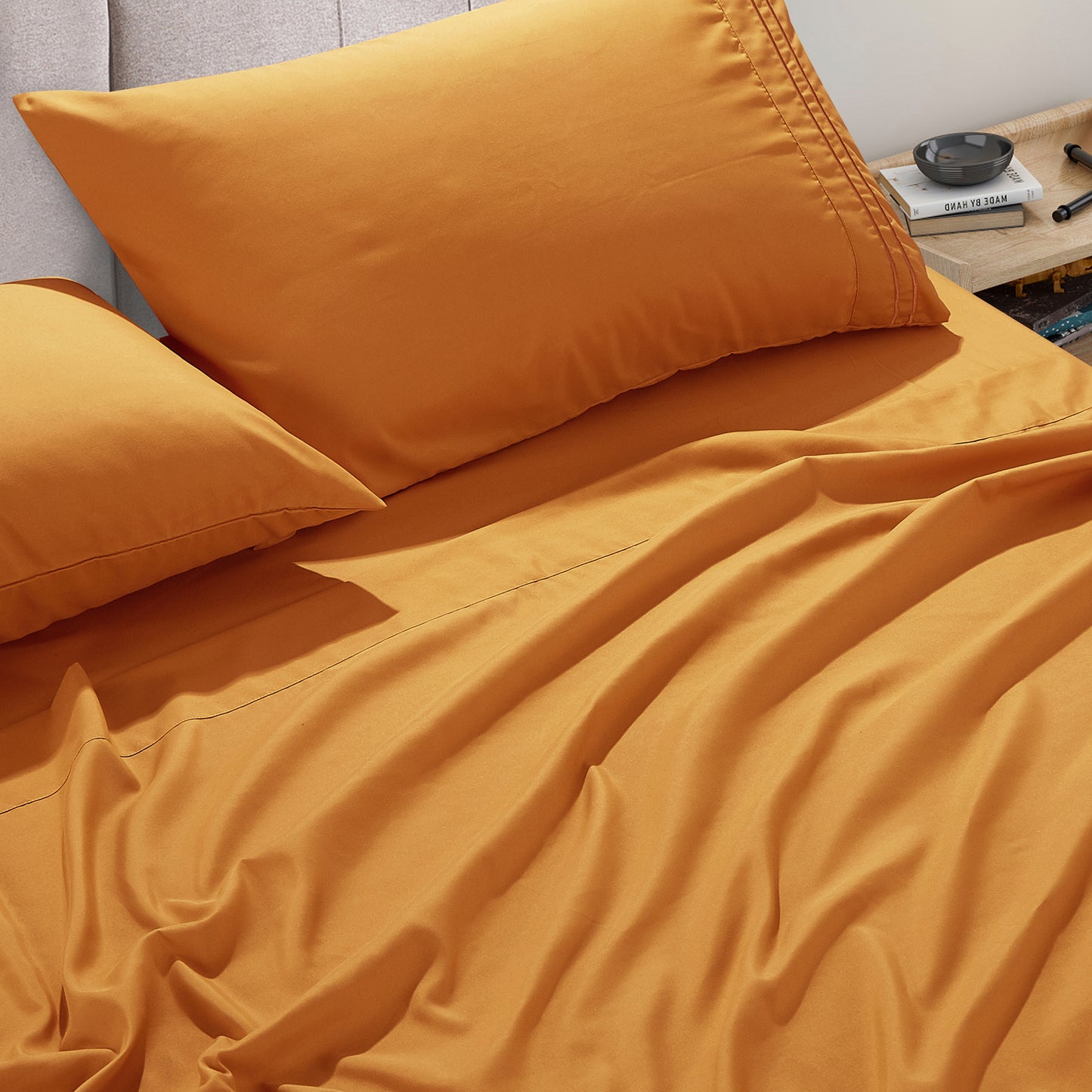 4-Piece Orange Sheet Set Cal King Size with Flat Sheet, Fitted Sheet, and Pillowcases