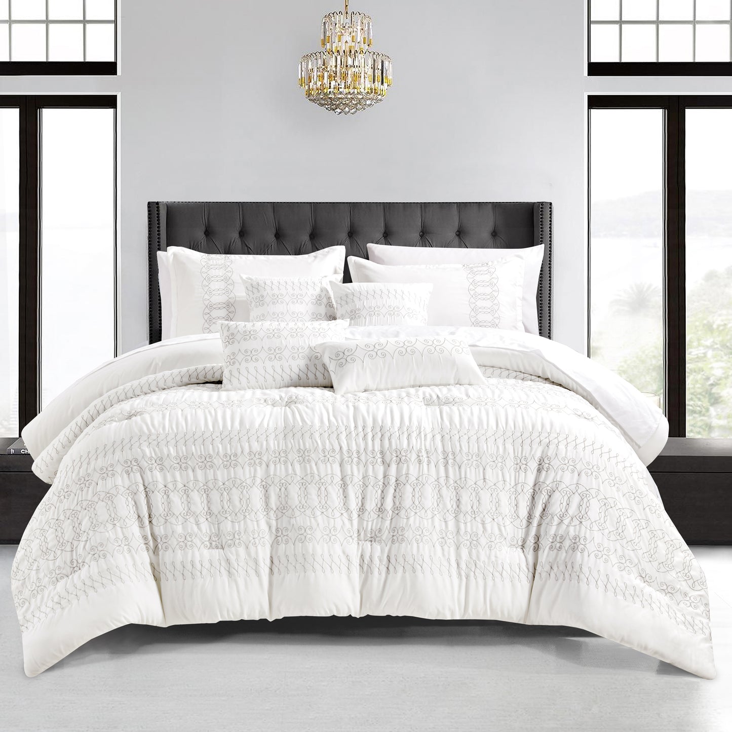 7-Piece Gabbatha Boho White Comforter Set Embroidery Bedding Queen Size