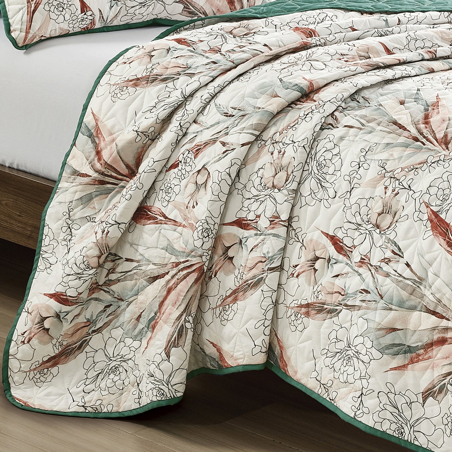 3-Piece SARA Floral Green Bedspread Set King Size Reversible White Quilt