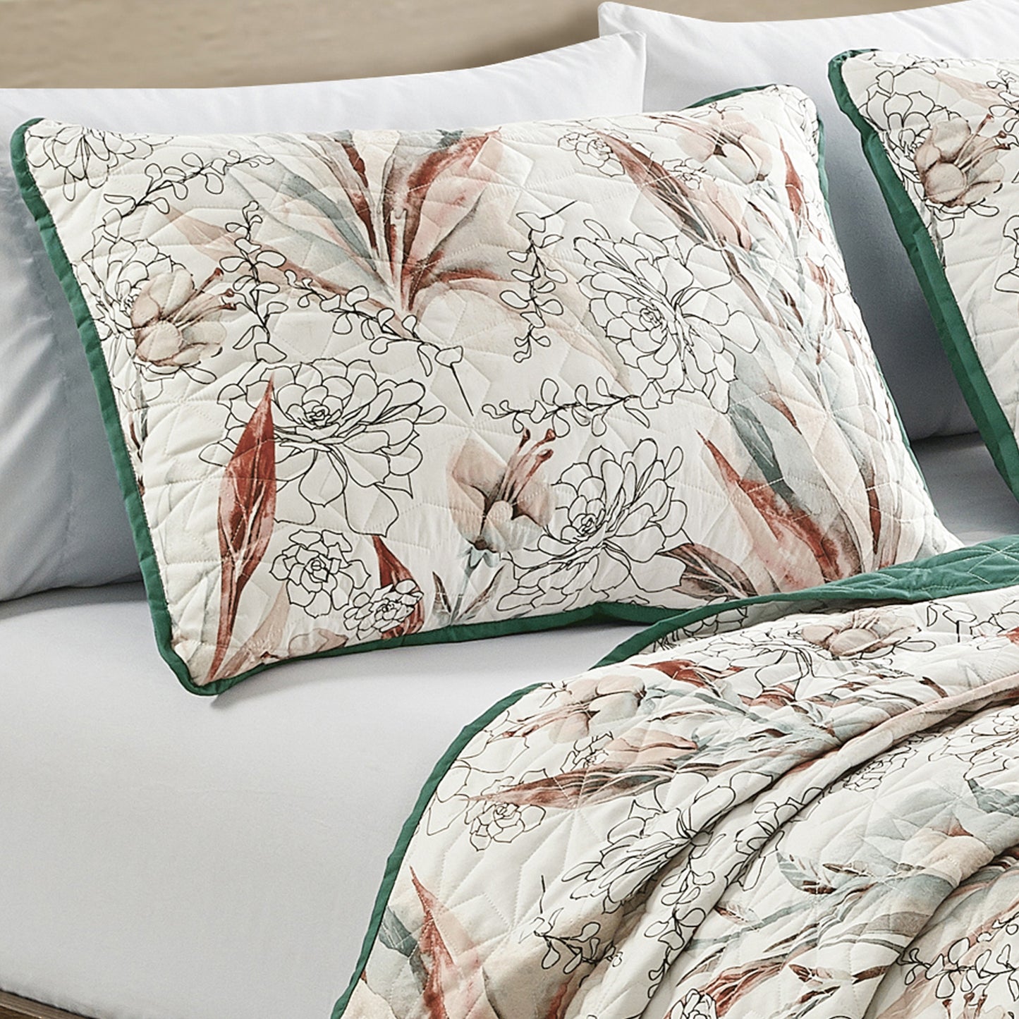 3-Piece SARA Floral Green Bedspread Set King Size Reversible White Quilt