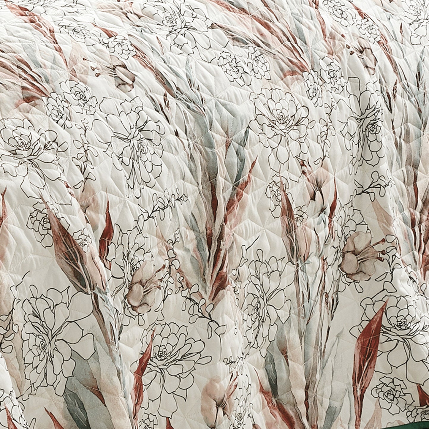 3-Piece SARA Floral Green Bedspread Set King Size Reversible White Quilt