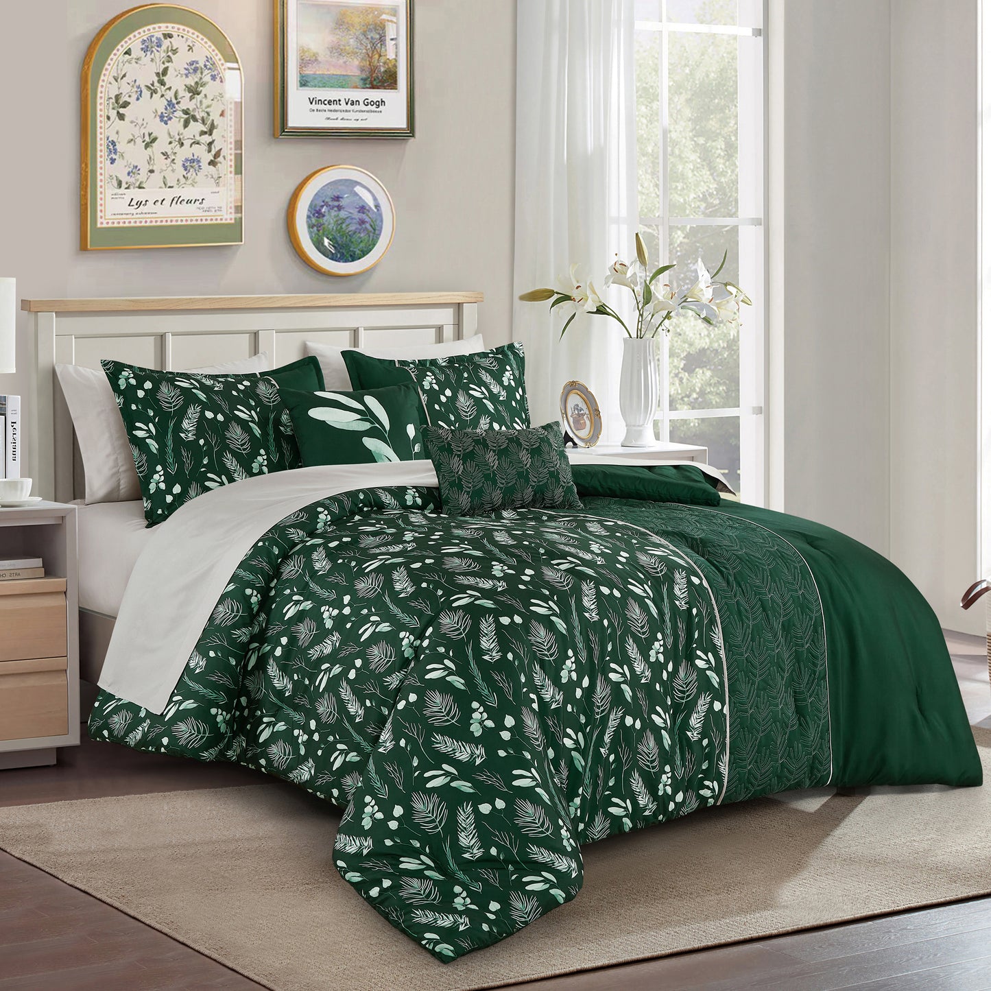 Bed-in-a-Bag 9-pieces Quenby Floral Gray & Green Comforter and Sheet Set, Bed in Bag Floral Bedding Set - Queen Size