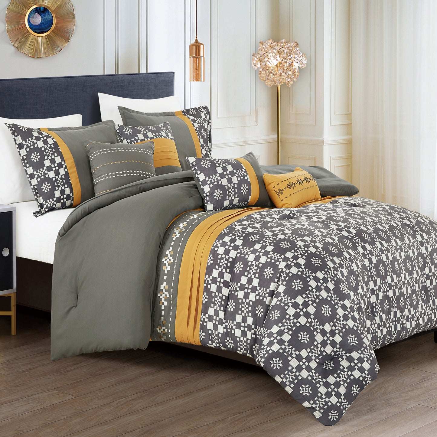 Grey and Yellow Comforter Set Queen Size 7-Pieces Kachina Gray Bedding