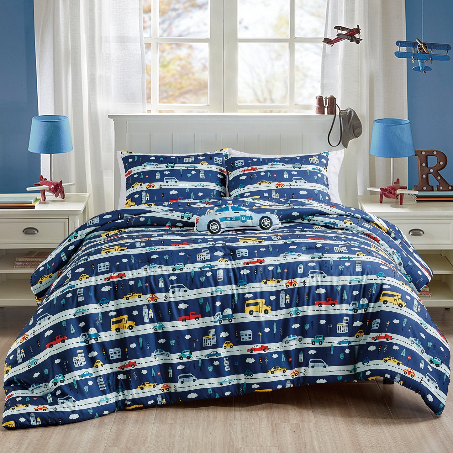 Kids Police Car Comforter Set Full/Queen Size Blue 4-Piece Kids Bedding with Fun Traffic and Vehicle Print for Boys and Girls