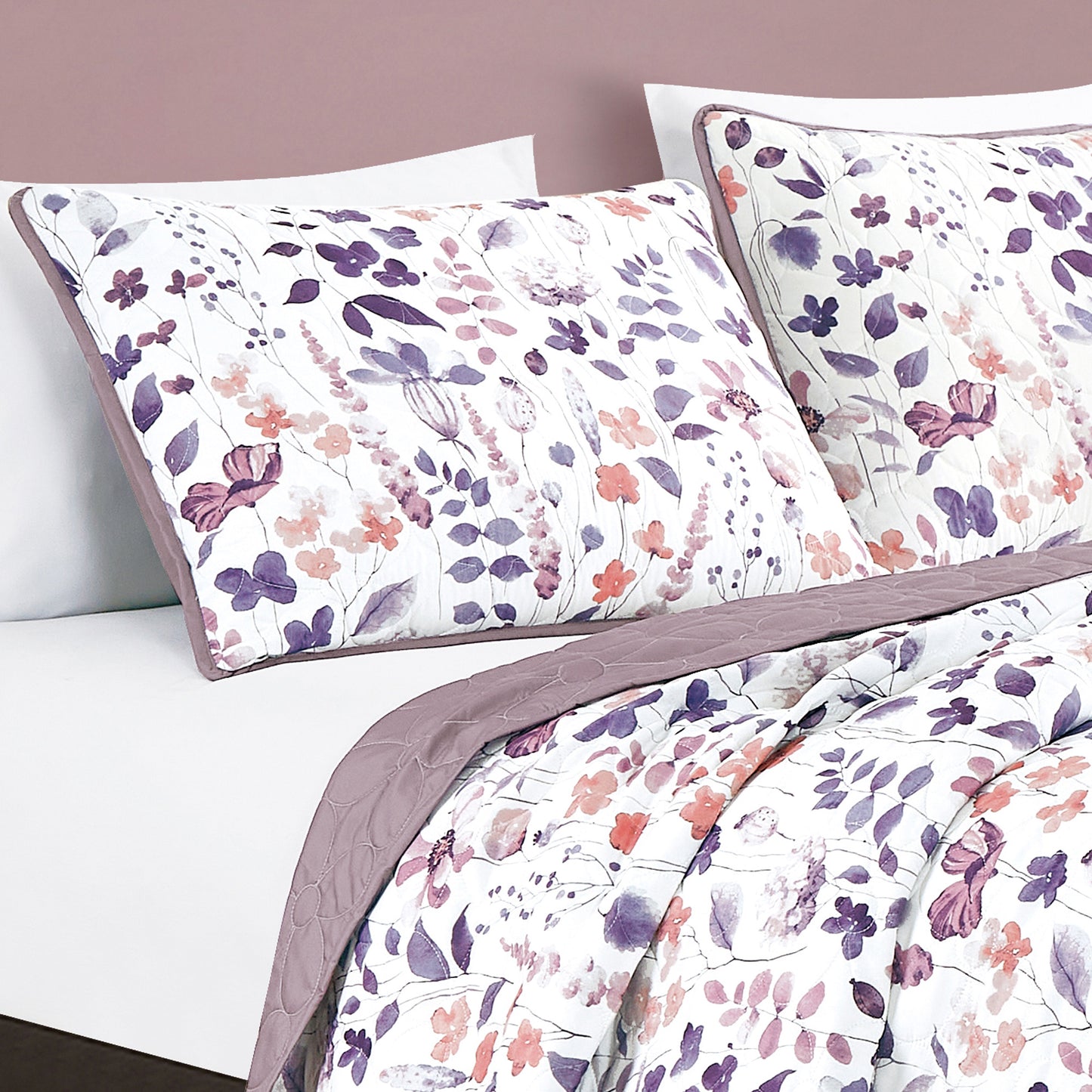 King Size Quilt Set 3-Piece Floral Purple Bedspread Set