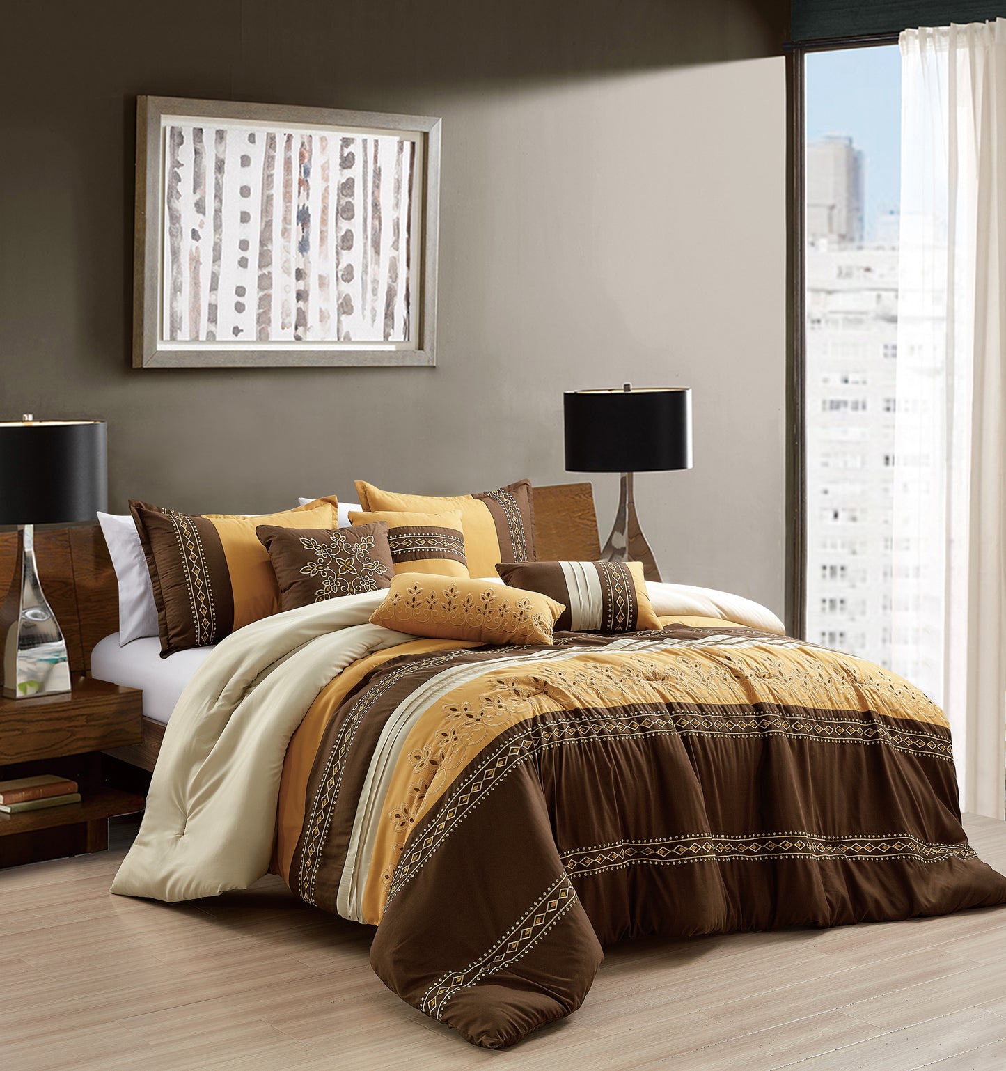 7-Pieces Naenia Brown and Yellow Comforter Set , Beige Yellow Brown Bedding Set Queen Size