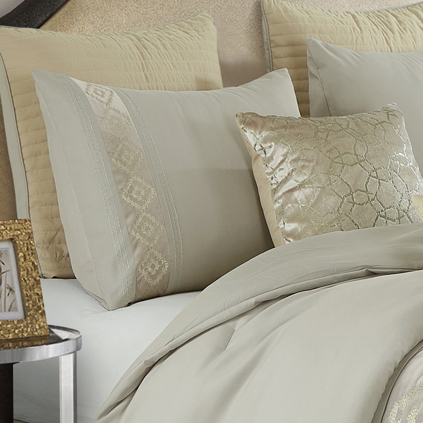 Bed-in-a-Bag 9-pieces Jarina Beige Jacquard Bedding Comforter and Bed Shirt Set - Cal King Size