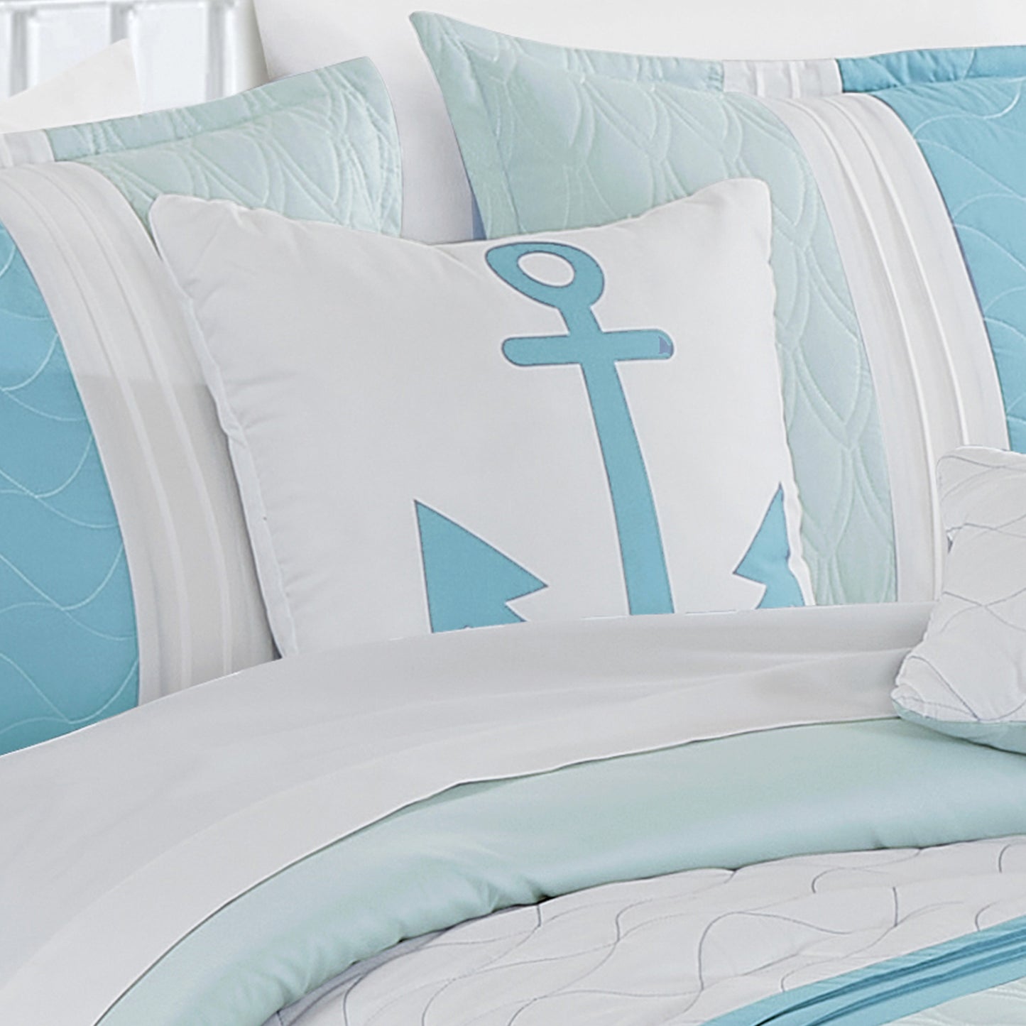Bed-in-a-Bag 9-pieces Anchors White Blue Comforter and Sheet Set, Coastal Bedding Set - Cal King Size