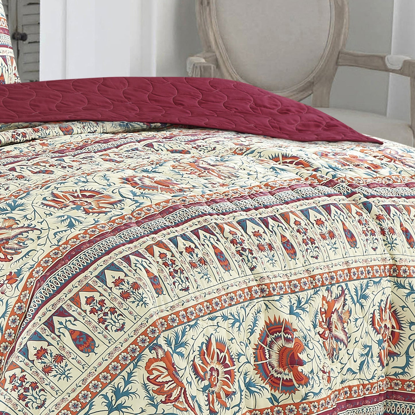 King Size Quilt Set 3-Piece Floral Burgundy Bedspread Set