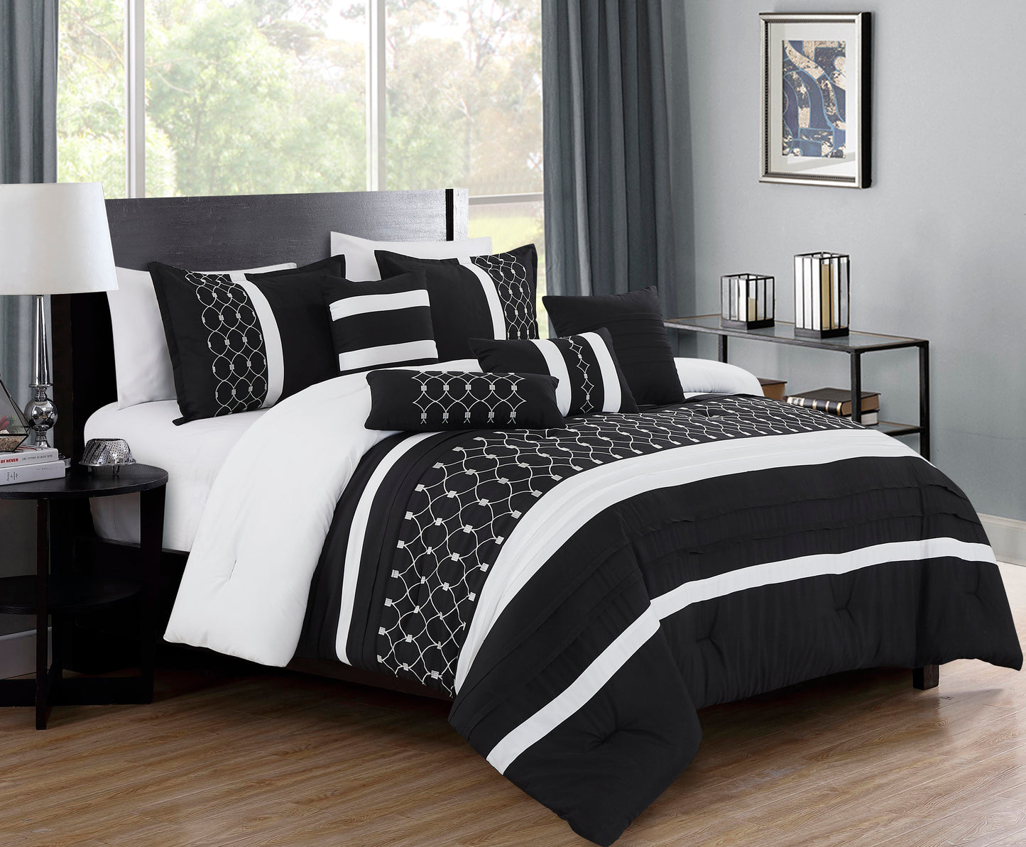 Black and White Comforter Set Queen Size 7-Pieces Rosario Black Bedding