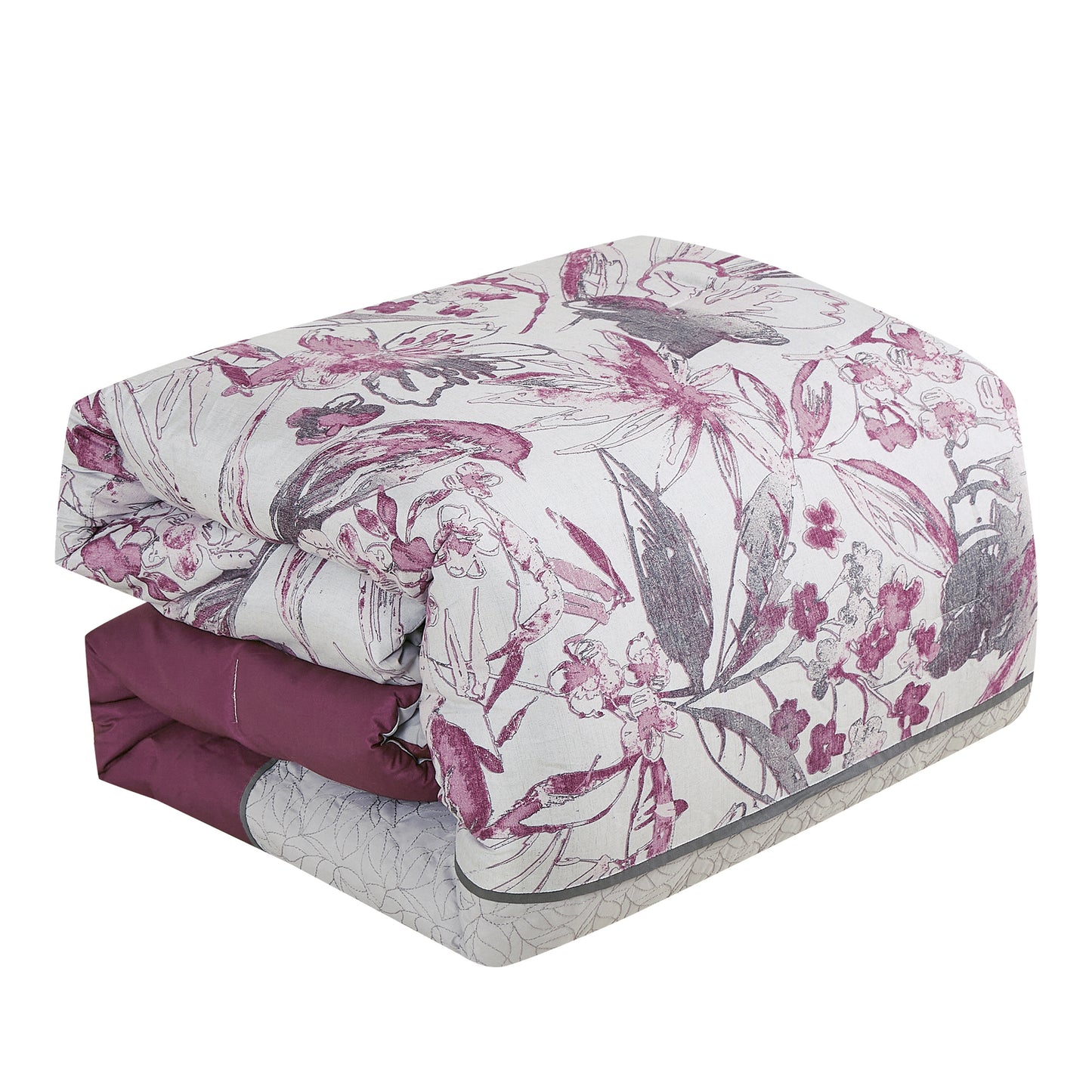 Bed-in-a-Bag 9-pieces Ontina Floral Gray & Purple Comforter and Sheet Set, Bed in Bag Floral Bedding Set - Cal King Size