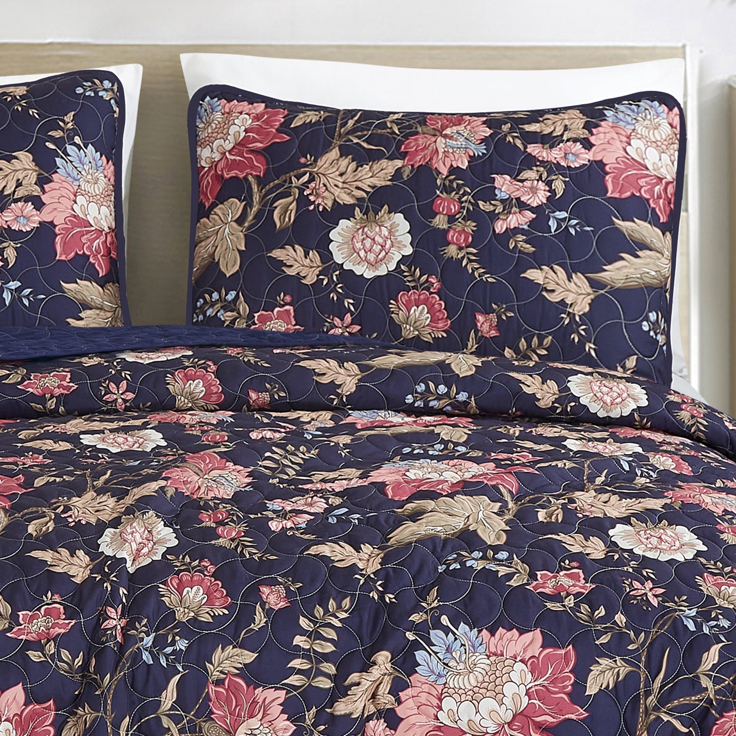 Winona Blue Floral Bedspread Set King Size 3-Piece Reversible Navy Quilt Set