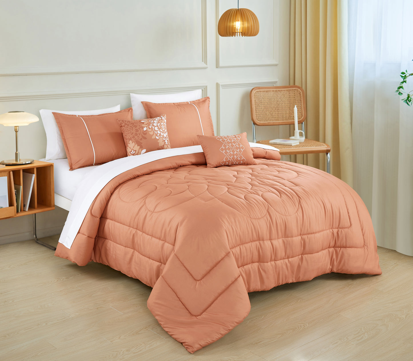 Bed-in-a-Bag 9-pieces Purity Floral Coral Pink Comforter and Sheet Set, Bed in Bag Quilted Floral Bedding Set - Queen Size
