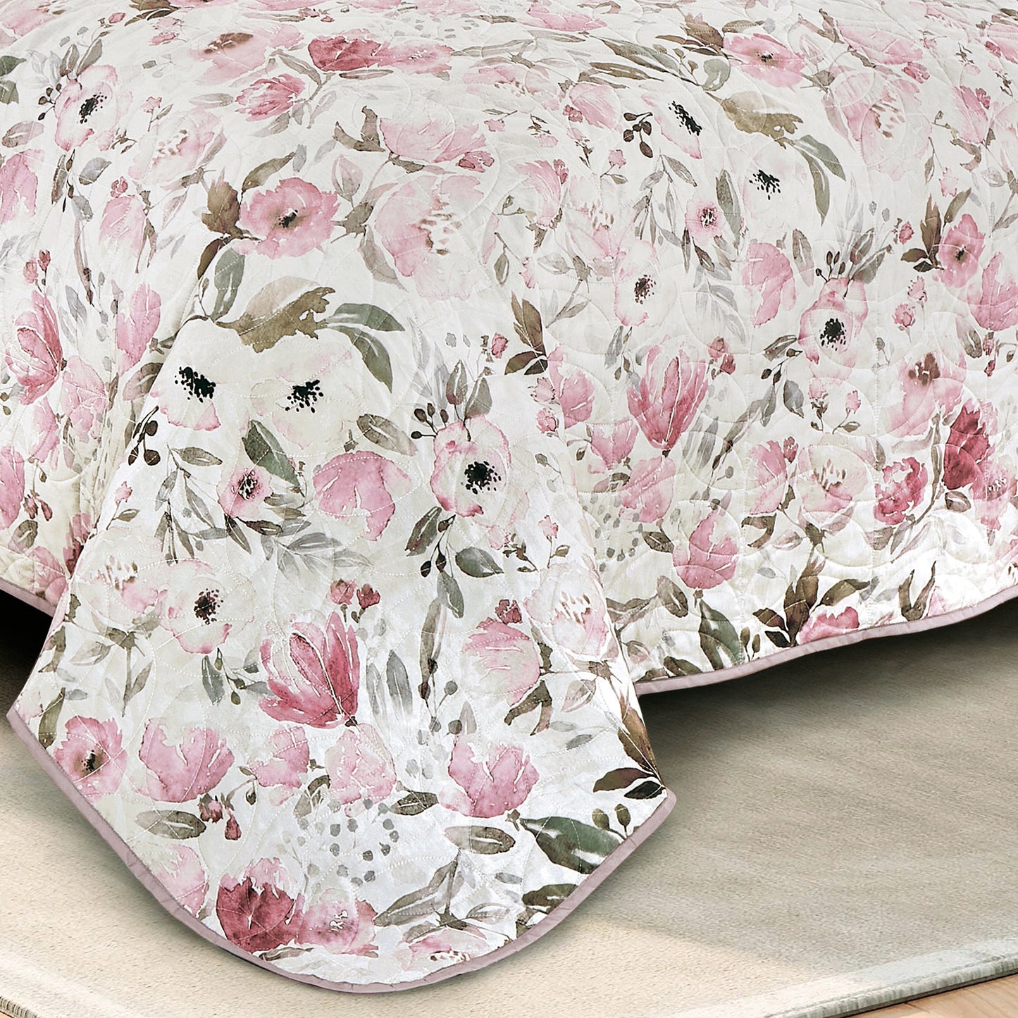 King Size Quilt Set 3-Piece Floral Pink Bedspread Set