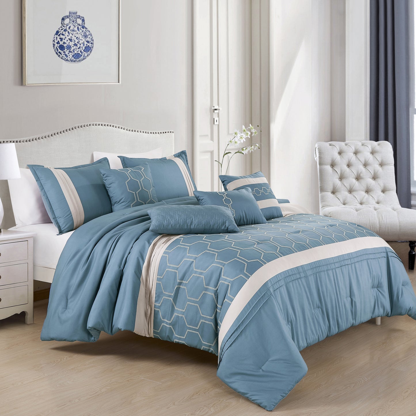 Beige and Blue Comforter Set Queen Size 7-Pieces Jimmi Beige Bedding