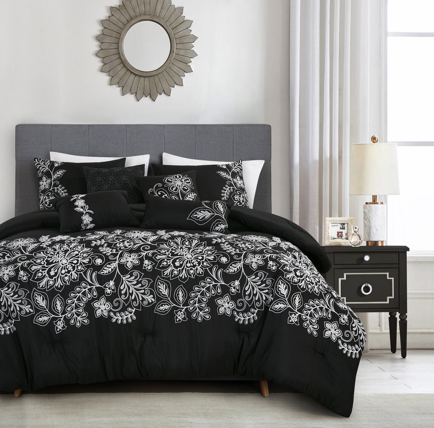 Floral Black and White Comforter Set Queen Size 7-Pieces Naarah Flower Motiff Bedding Set