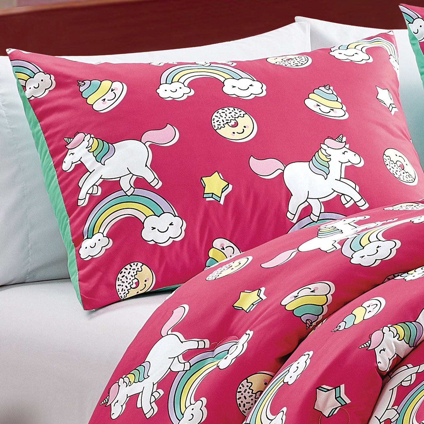Pink Unicorn and Rainbow Kids Comforter Set Full/Queen Size Hot Pink 4-Piece Kids Bedding with Cute Pattern Girls