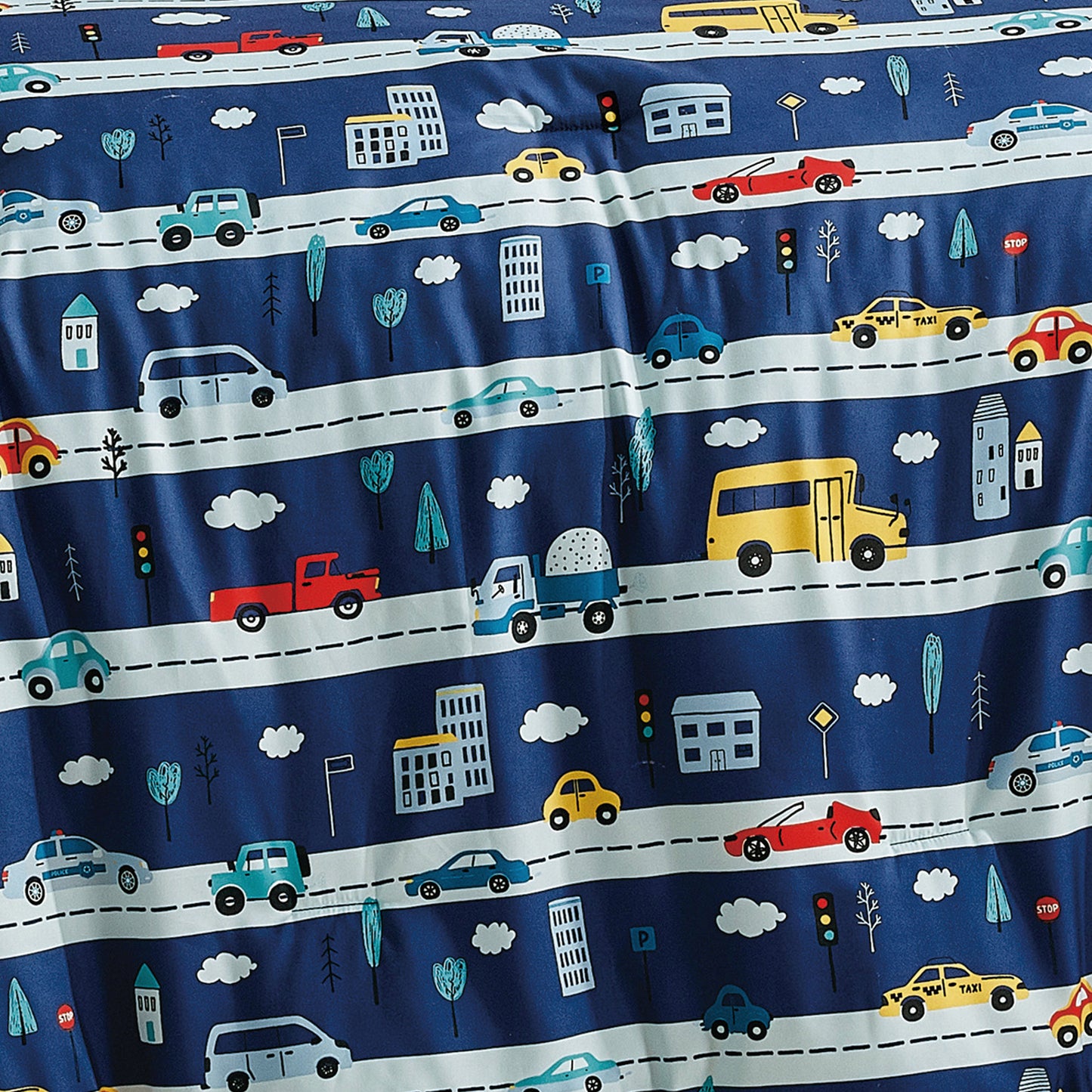Kids Police Car Comforter Set Full/Queen Size Blue 4-Piece Kids Bedding with Fun Traffic and Vehicle Print for Boys and Girls
