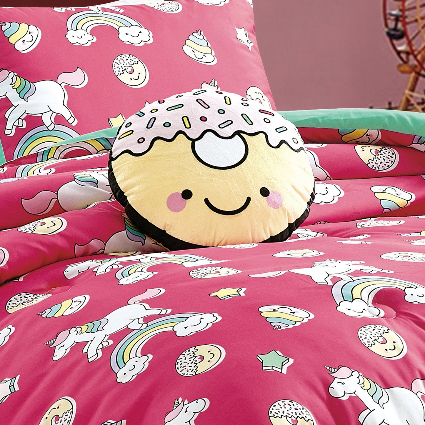 Pink Unicorn and Rainbow Kids Comforter Set Full/Queen Size Hot Pink 4-Piece Kids Bedding with Cute Pattern Girls