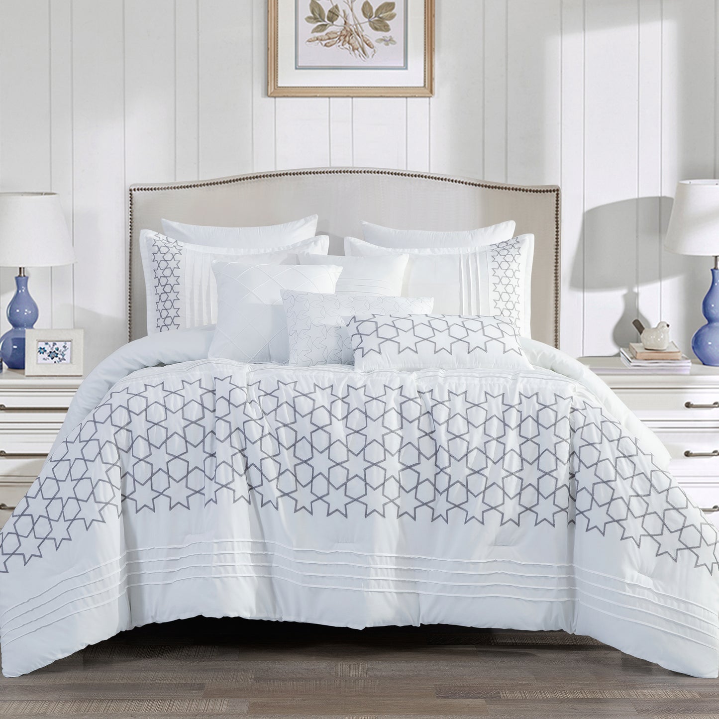7-Piece Kalet White & Grey Comforter Set, Star Embroidery Bedding Set - Queen Size