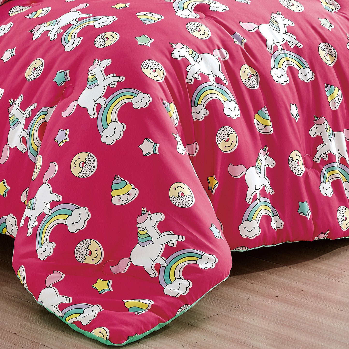 Pink Unicorn and Rainbow Kids Comforter Set Full/Queen Size Hot Pink 4-Piece Kids Bedding with Cute Pattern Girls