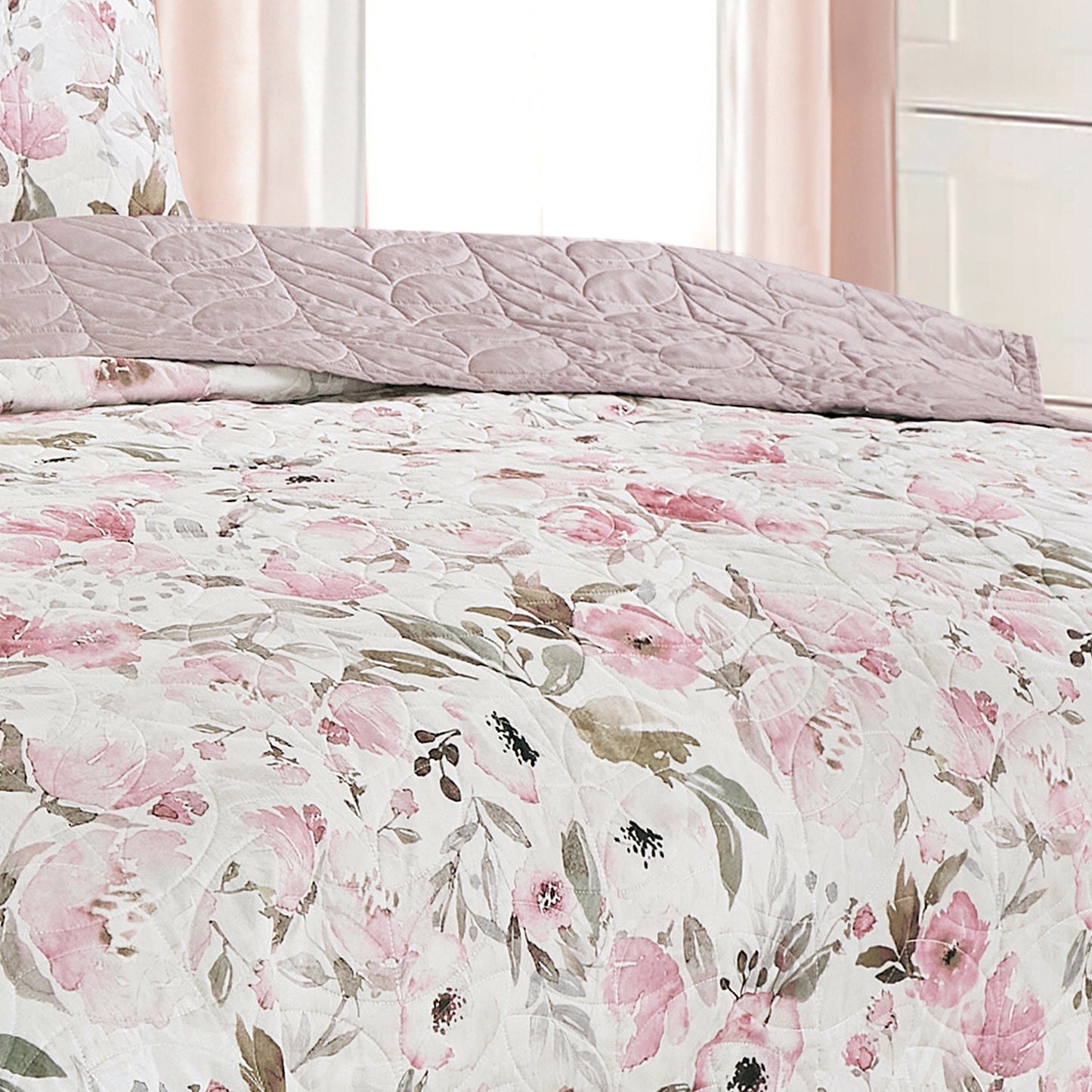 King Size Quilt Set 3-Piece Floral Pink Bedspread Set