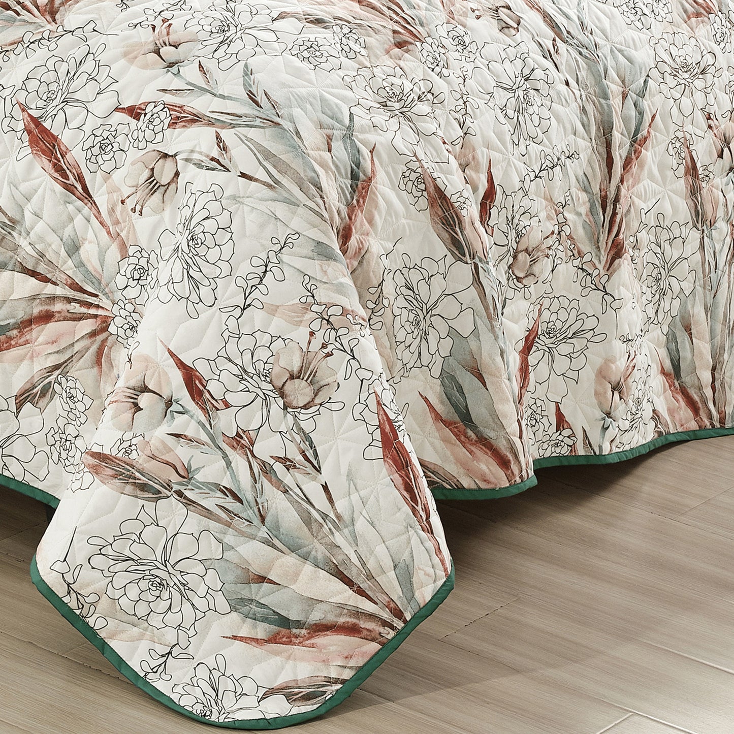 3-Piece SARA Floral Green Bedspread Set King Size Reversible White Quilt