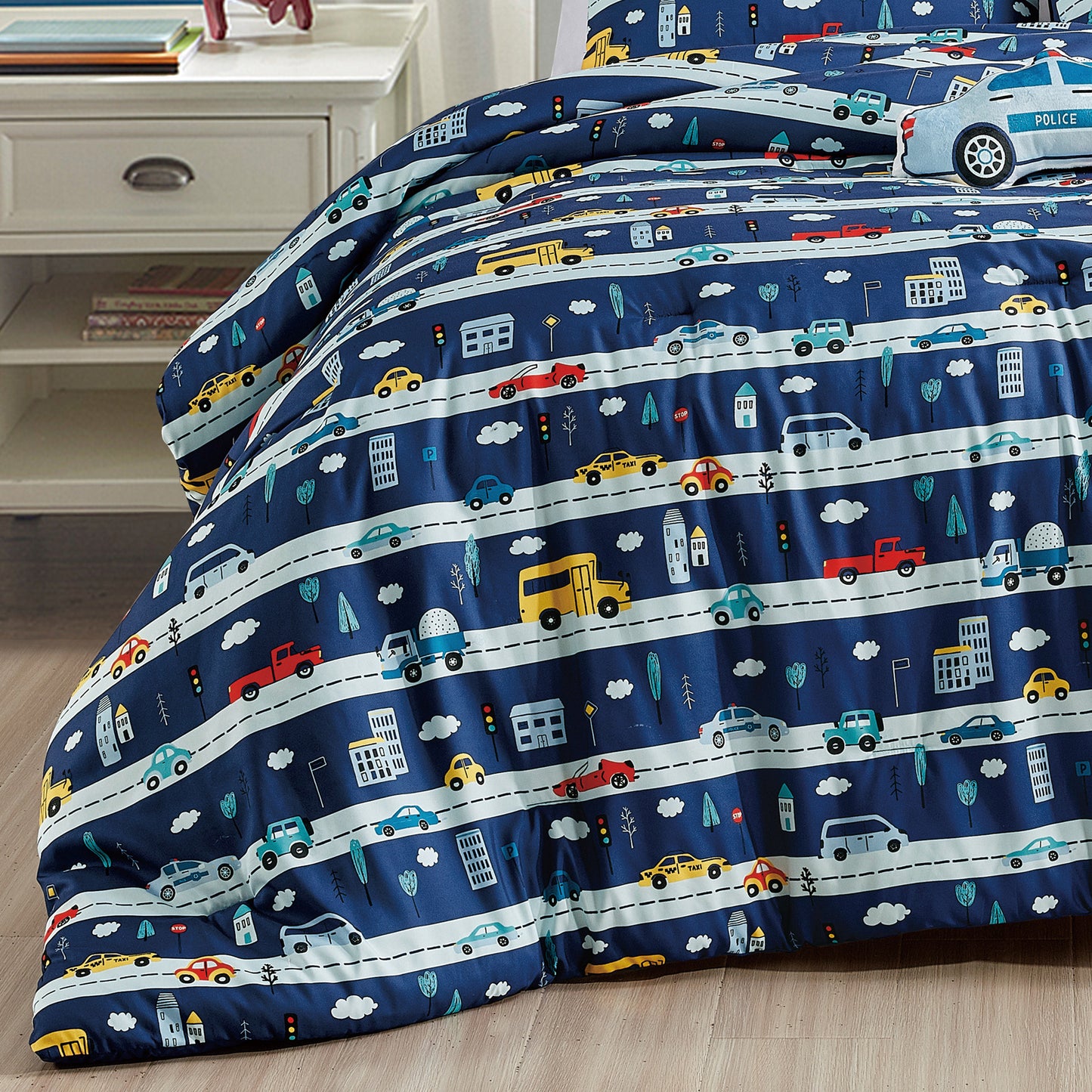 Kids Police Car Comforter Set Full/Queen Size Blue 4-Piece Kids Bedding with Fun Traffic and Vehicle Print for Boys and Girls