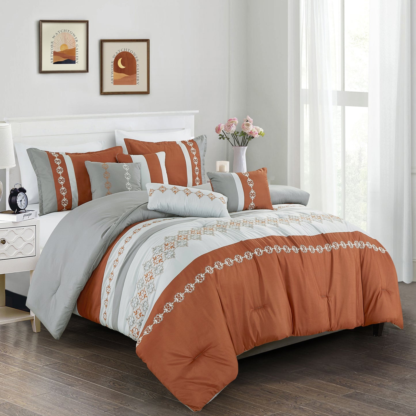 7-Piece Jyotsna Orange Boho Embroidery Comforter Set - Queen Size