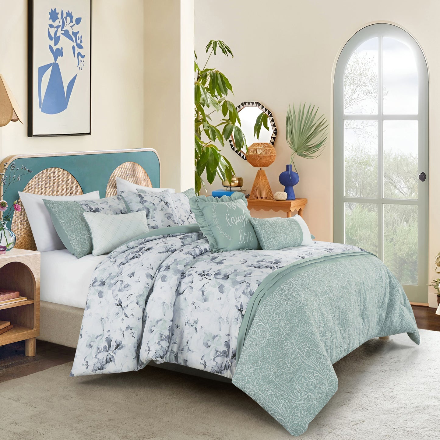 Green Floral Comforter Set Queen Size - 7-Pieces Vero Floral Bedding Set