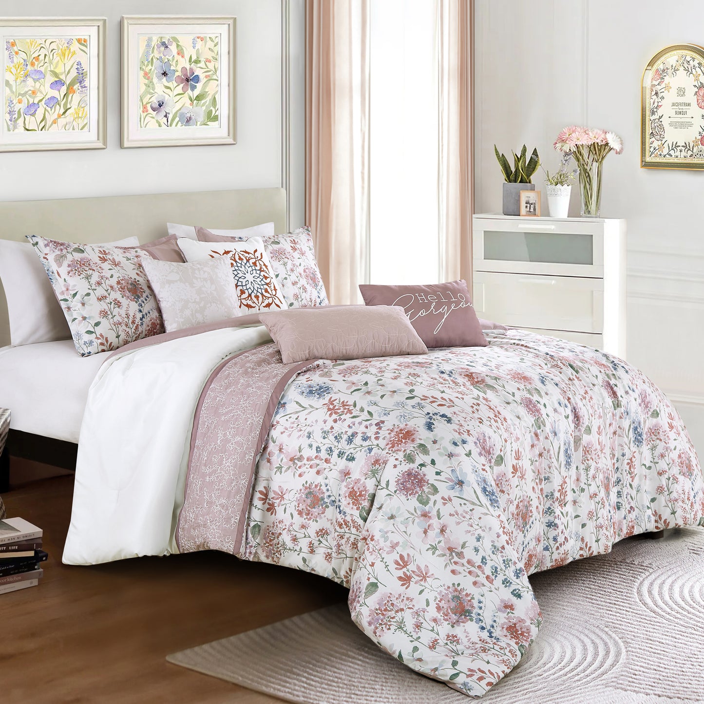 Floral Purple Comforter Set Queen Size - 7-Pieces Hazel Floral Bedding Set