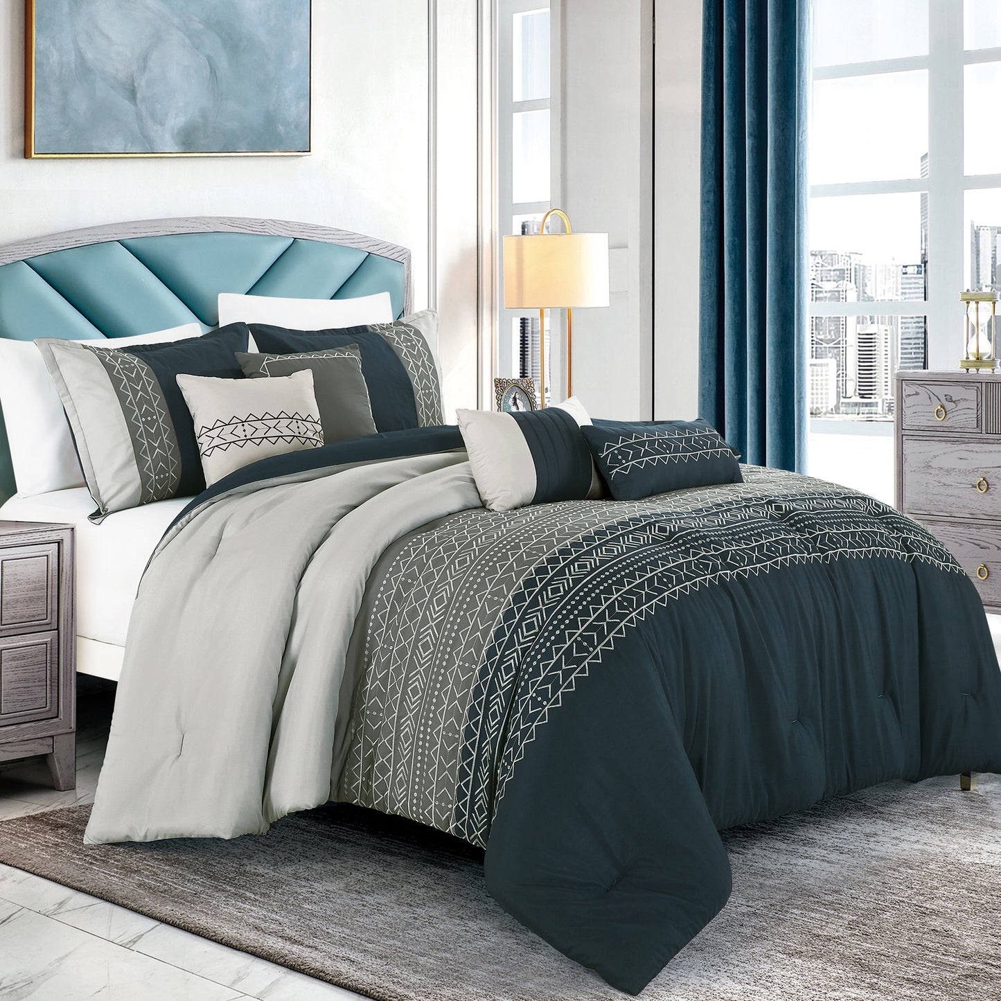 7-Piece Massah Grey & Blue Boho Embroidery Comforter Set - Queen Size