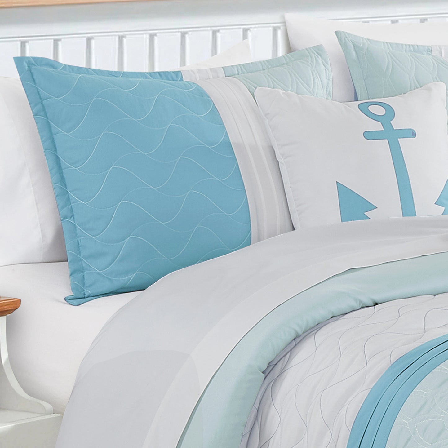 Bed-in-a-Bag 9-pieces Anchors White Blue Comforter and Sheet Set, Coastal Bedding Set - Cal King Size