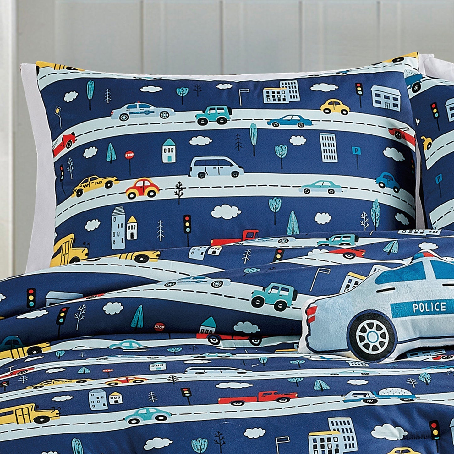 Kids Police Car Comforter Set Full/Queen Size Blue 4-Piece Kids Bedding with Fun Traffic and Vehicle Print for Boys and Girls