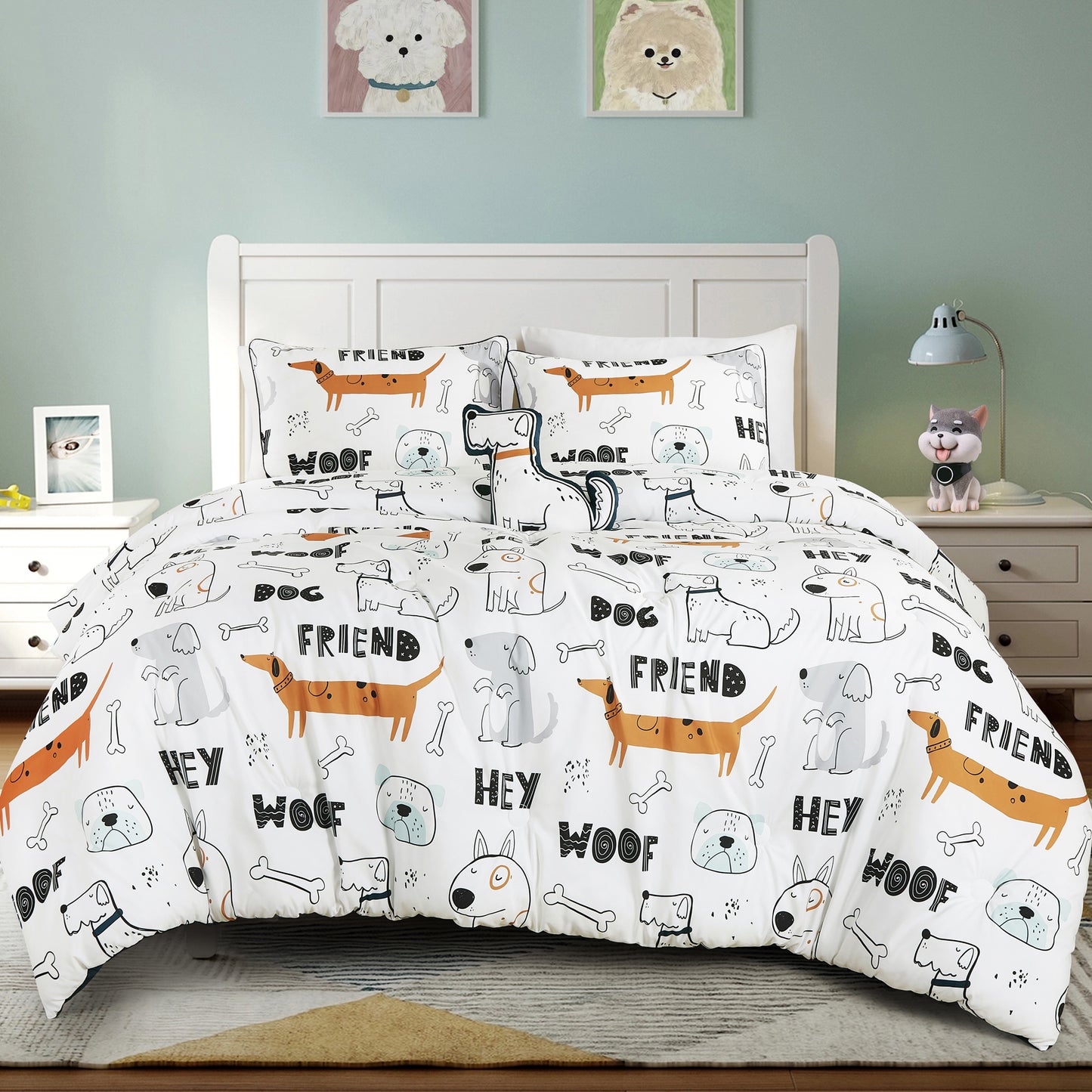 Woof Friends Kids Comforter Set Full/Queen Size\ Kids White Comforter Set with Dog Toy Throw Pillow - For Boys and Girls