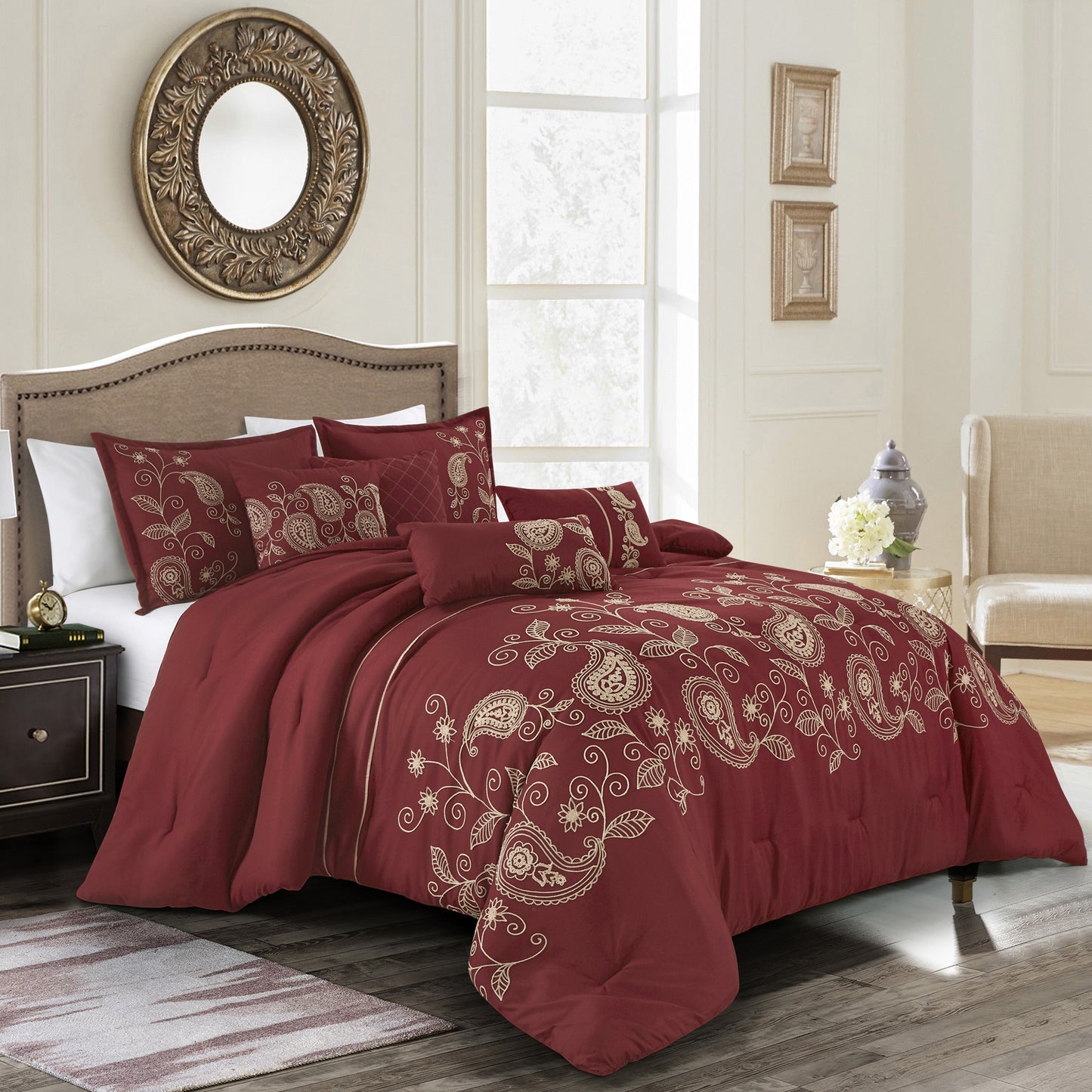 7-Piece Jlva Burgundy Paisley Embroidery Comforter Set - Queen Size