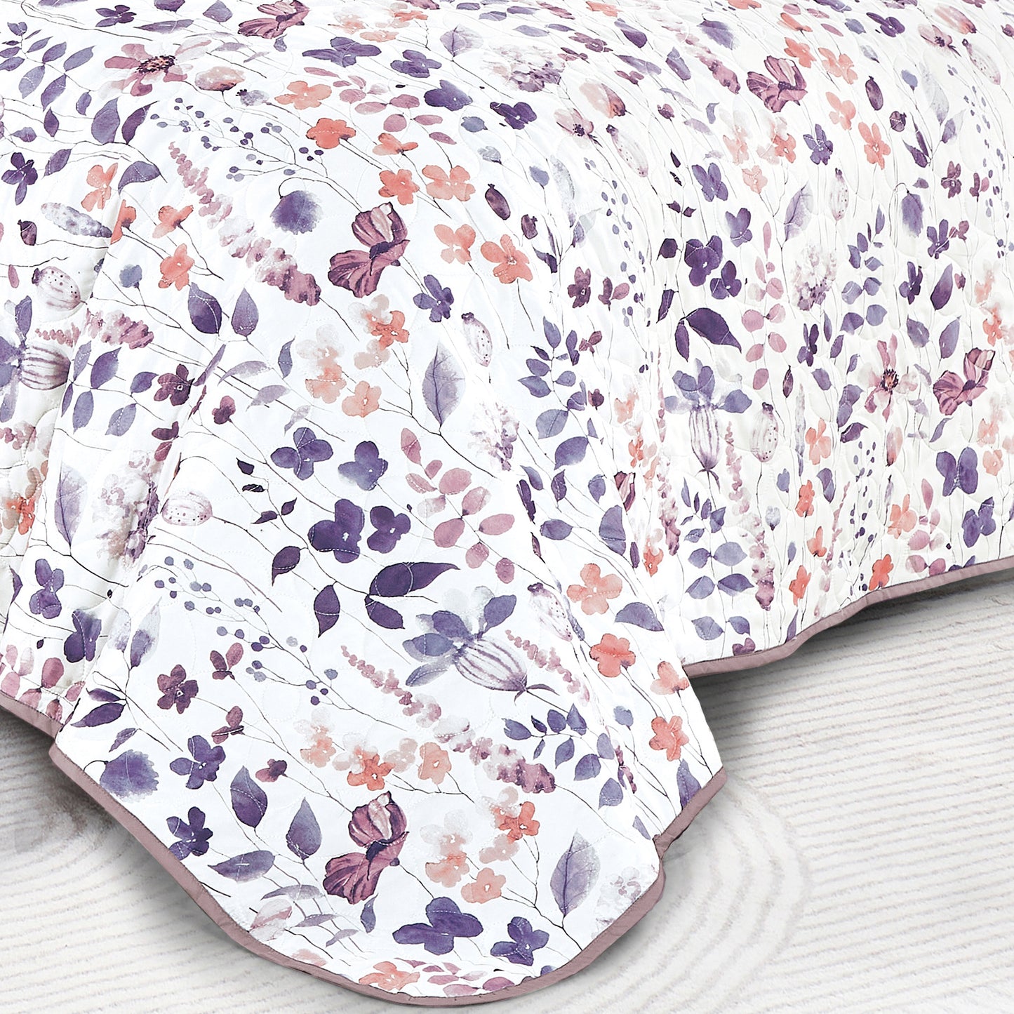 King Size Quilt Set 3-Piece Floral Purple Bedspread Set