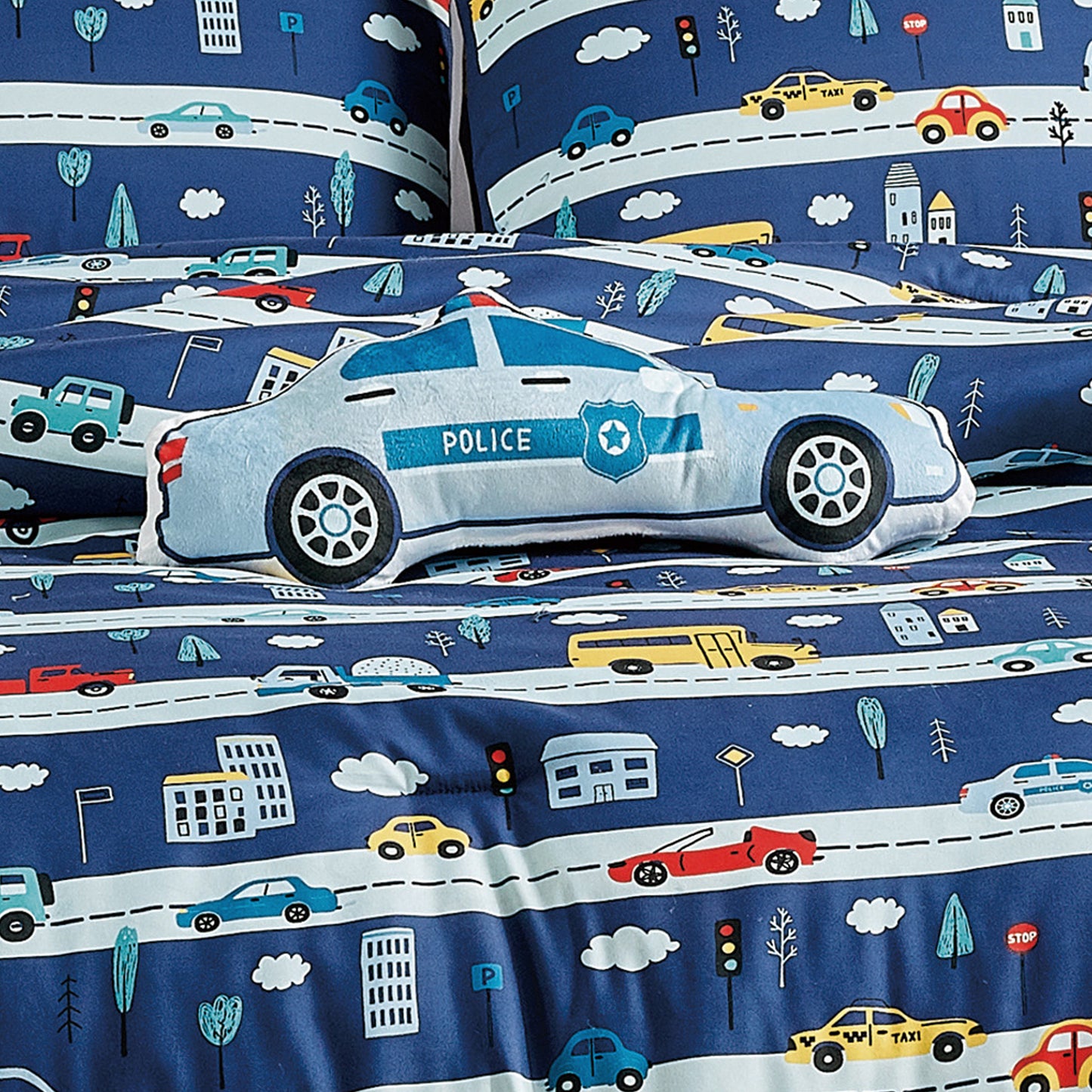 Kids Police Car Comforter Set Full/Queen Size Blue 4-Piece Kids Bedding with Fun Traffic and Vehicle Print for Boys and Girls