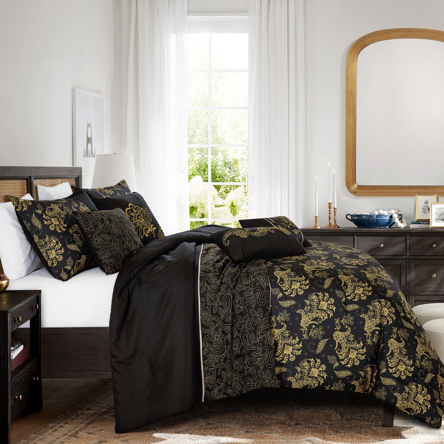 Black and Yellow Comforter Set Queen Size - 7-Pieces Dubh Floral Bedding Set