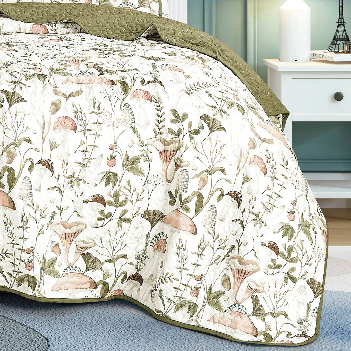 3-Piece Teige Olive Mushroom Bedspread Set King Size Reversible Green Quilt