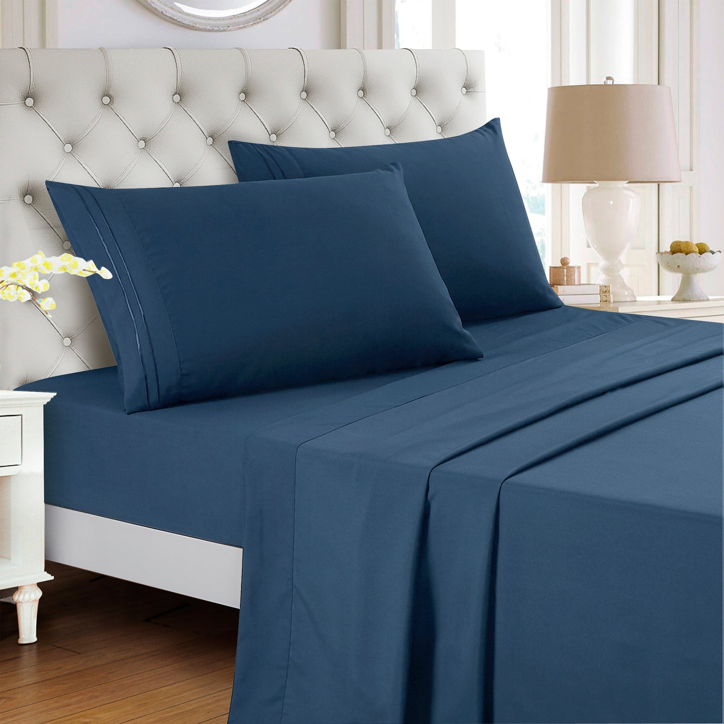 3-Piece Navy Sheet Set Twin Size with Flat Sheet, Fitted Sheet, and Pillowcases