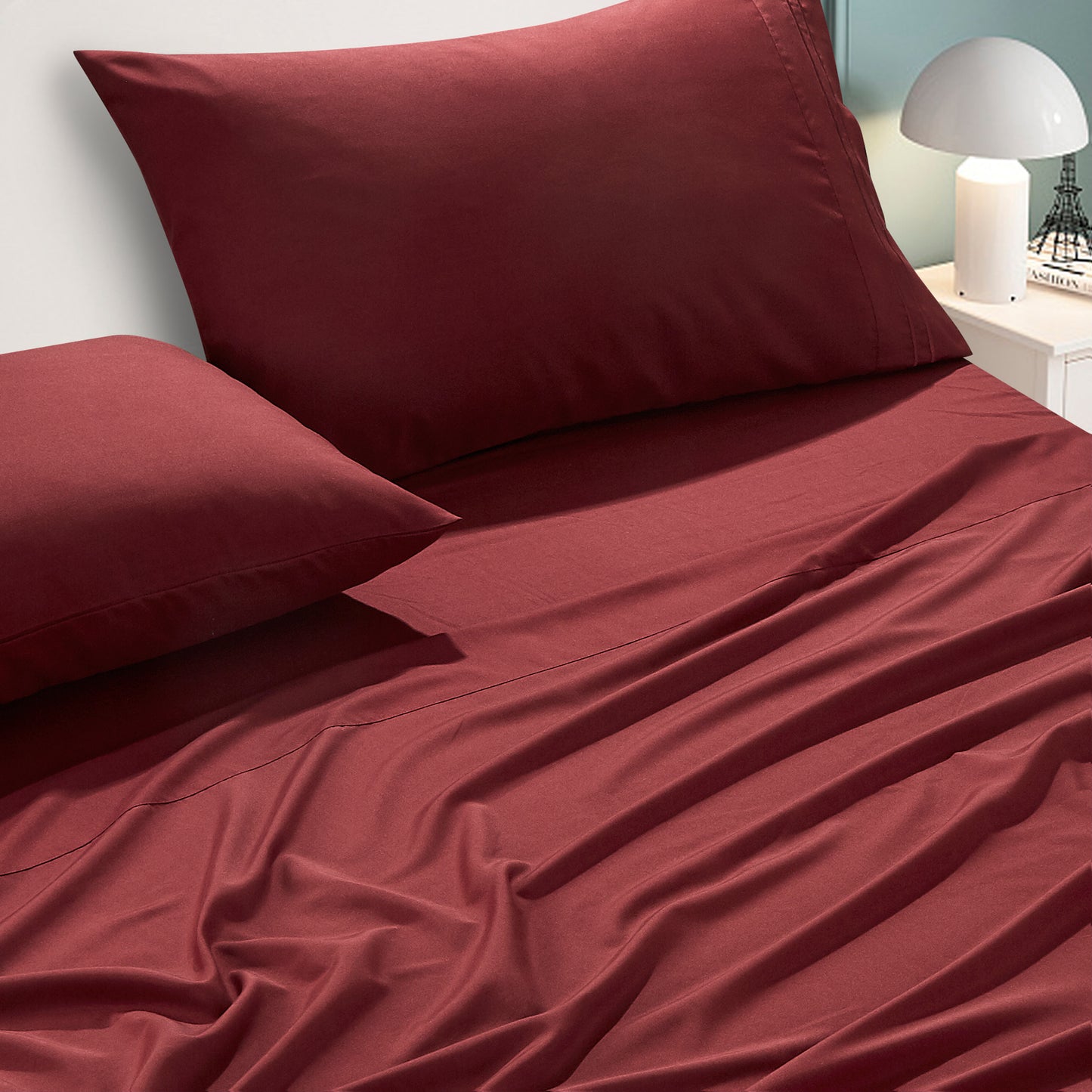 3-Piece Burgundy Sheet Set Twin Size with Flat Sheet, Fitted Sheet, and Pillowcases