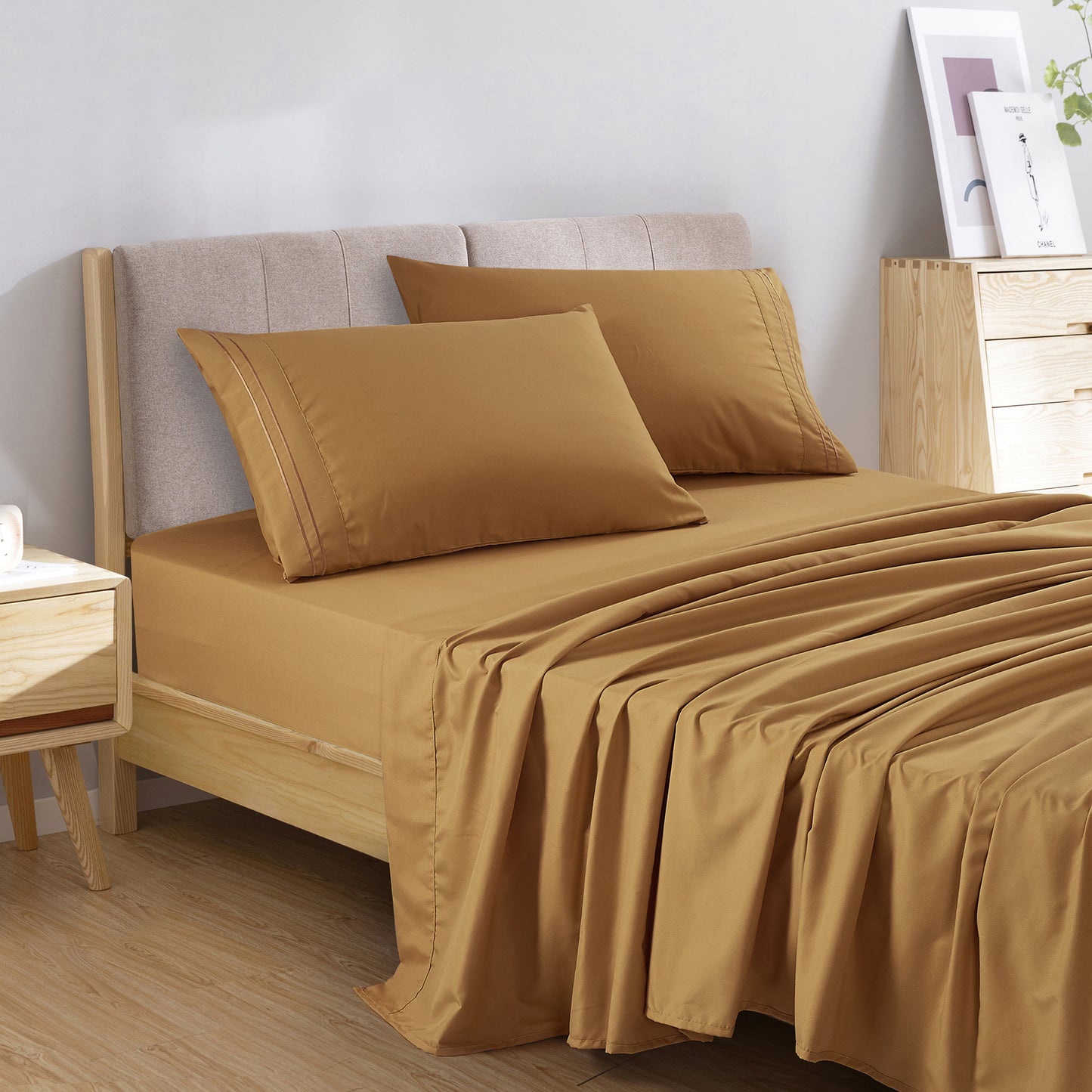3-Piece Camel Sheet Set Twin Size with Flat Sheet, Fitted Sheet, and Pillowcases